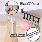 6PCS Mug Hooks Under Cabinet,Mug Holder Under Shelf,Coffee Cups Holder Hanger with 6 Hooks for Kitchen Utensils,Fit for 0.95 inch Thickness or Less,Drilling Free (Black)