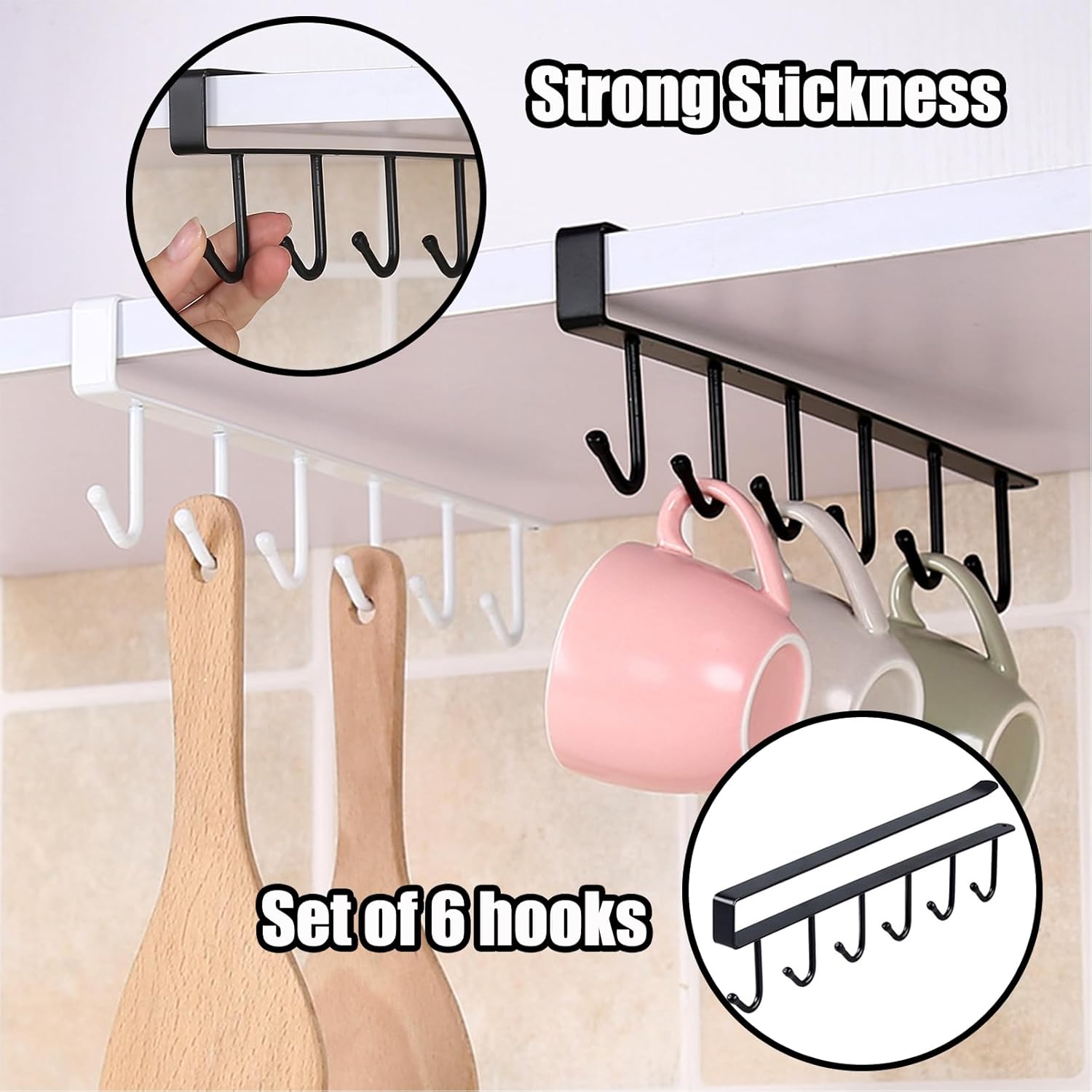 6PCS Mug Hooks Under Cabinet,Mug Holder Under Shelf,Coffee Cups Holder Hanger with 6 Hooks for Kitchen Utensils,Fit for 0.95 inch Thickness or Less,Drilling Free (Black)
