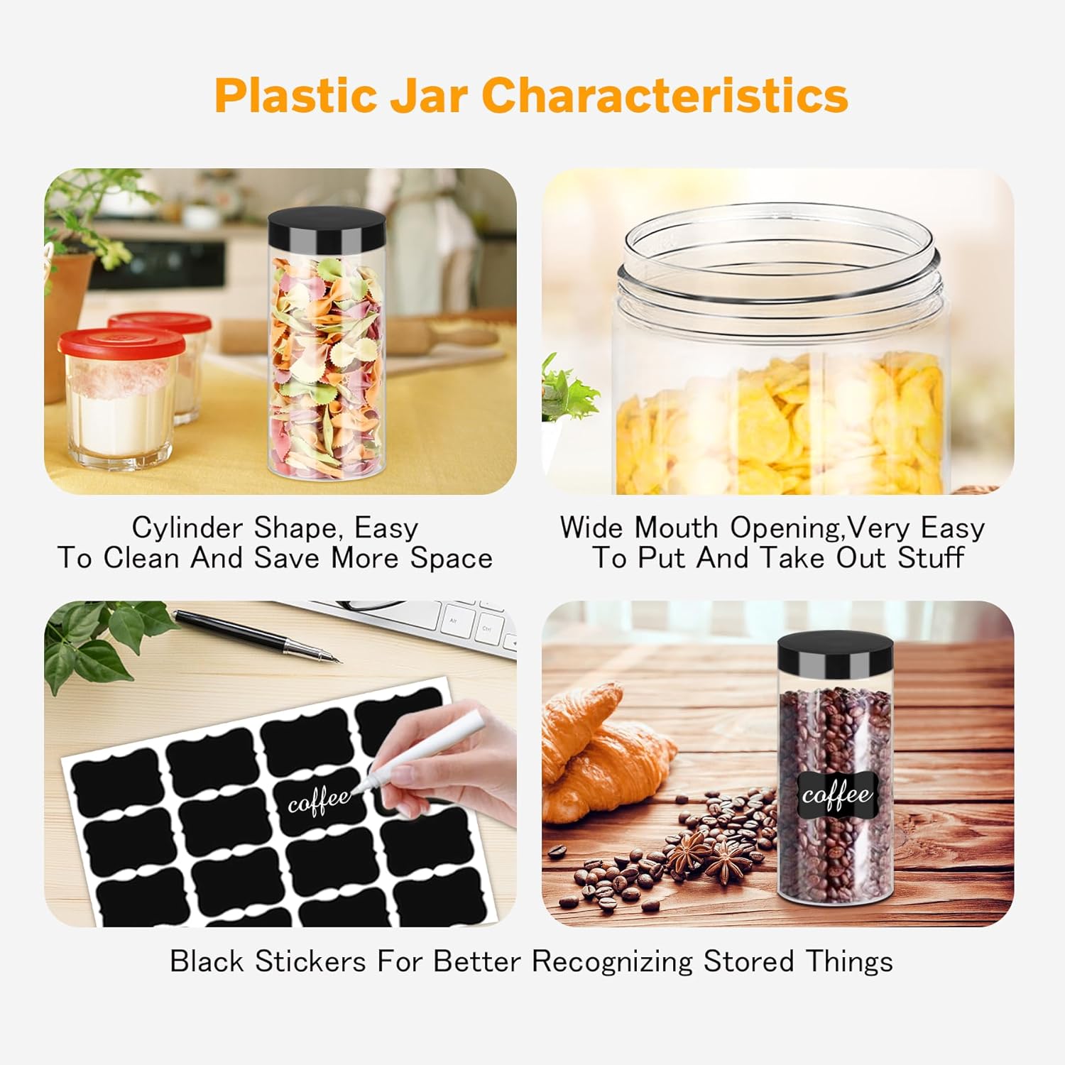 Plastic Jars with Lids 16OZ 16PCS Small Empty Slime Cosmetics Containers Clear Gift Food Jars Round PET Cream Jars with Black Lids Pen Labels for Kitchen Storage Spices Dry Food Butter