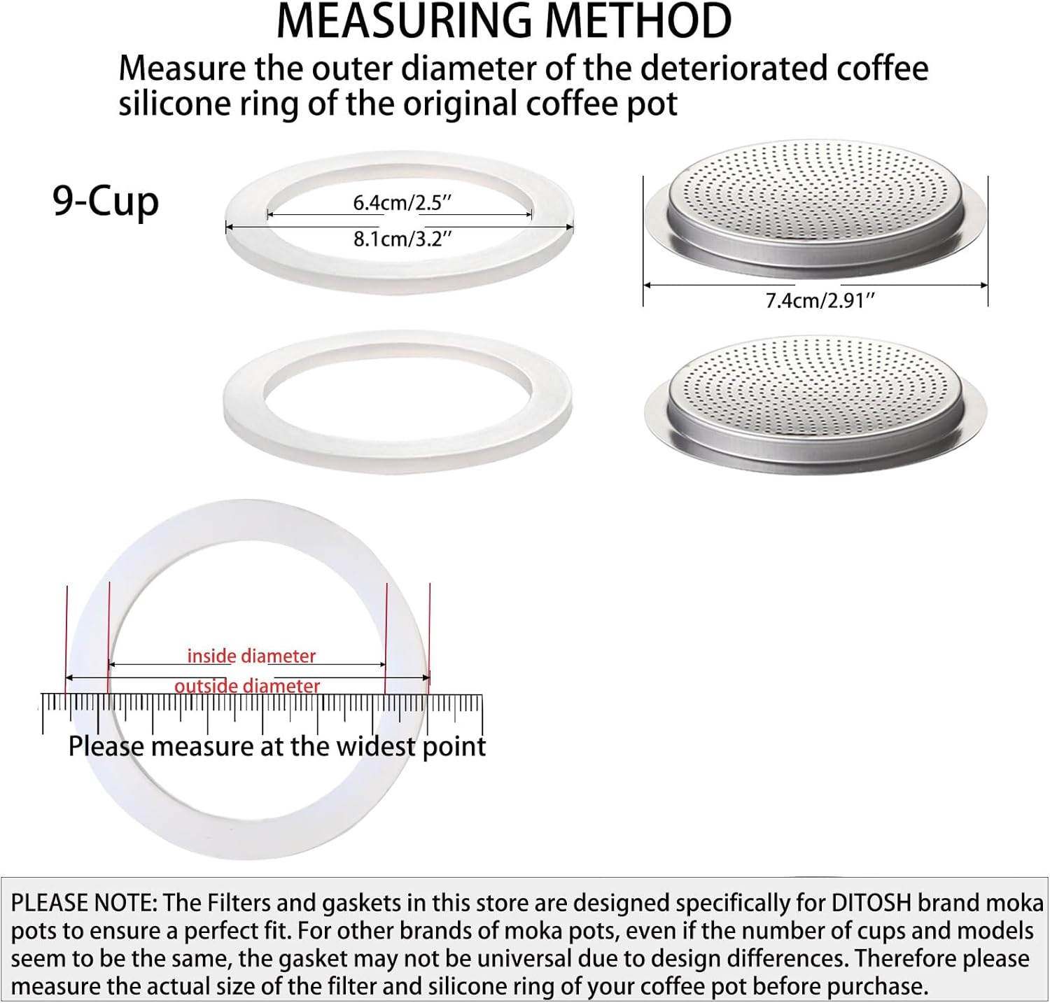 2 Pcs Filter with 3 Pcs Silicone Gasket Seals for 9 Cup Stovetop Espresso Coffee Maker Replacement Parts for DITOSH Aluminium Moka Pot