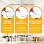 3-Piece Kit Attachments for KitchenAid Tilt-Head Stand Mixer, Accessories Stainless Steel K45WW Wire Whip, K45DH Dough Hook and K45B Coated Flat Blade Paddle with Scraper
