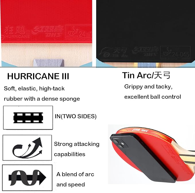DHS Ping Pong Paddles Professional Table Tennis Racket with Hurricane Rubber Carrying Case - ITTF Approved Rubber for Tournament Play