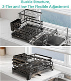 2 Tier Dish Drying Rack - Large Extendable Dish Rack, 2-in-1 Anti-Rust Stainless Steel Dishrack for Kitchen Counter and Sink, Dish Strainer with Utensil Holder & Cup Holder(Black)