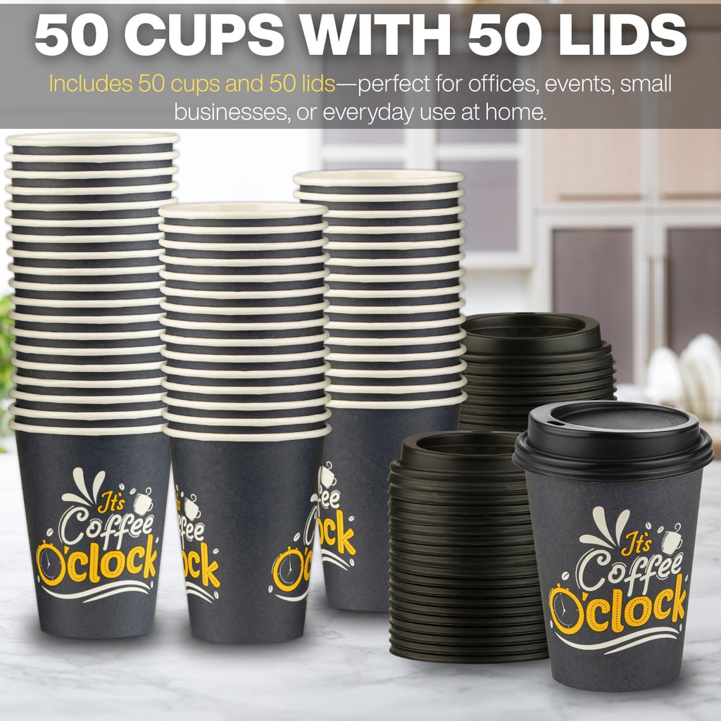 Smygoods Disposable Coffee Cups with Lids, To Go Paper Hot Cups, Coffee O'Clock Design (12 OZ, 50 Count) For Hot Beverages, Coffee, Tea, Espresso, Cocoa - Vasos Para Cafe