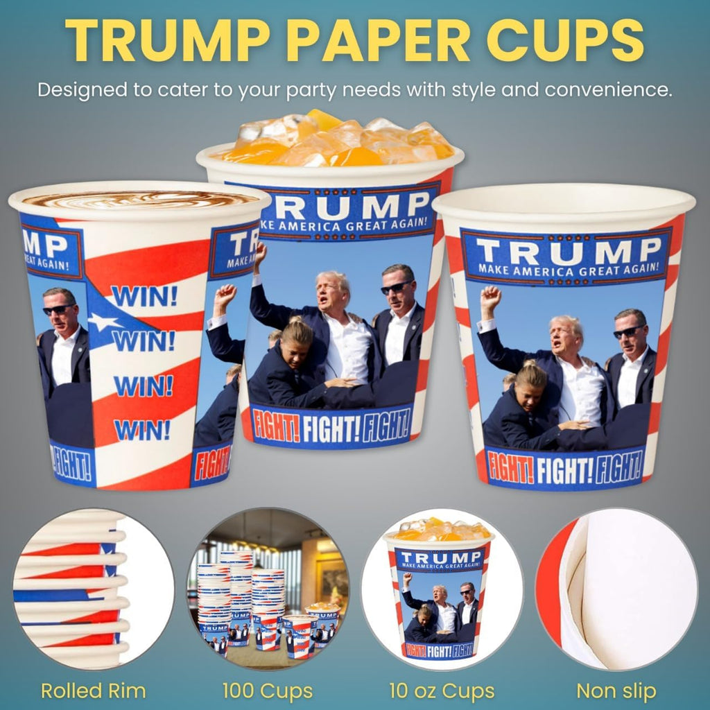 Smygoods Trump Design Disposable Paper Coffee Cups (10 OZ, 100 Count) For Hot Beverages, Tea, Espresso, Cocoa - To Go Drink Containers, Café & Office