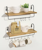 Floating Shelves with Hooks, Wall Mount Mug Holder Coffee Bar Accessories Wood Kitchen Organizer Storage with Towel Rack for Bathroom Set of 2