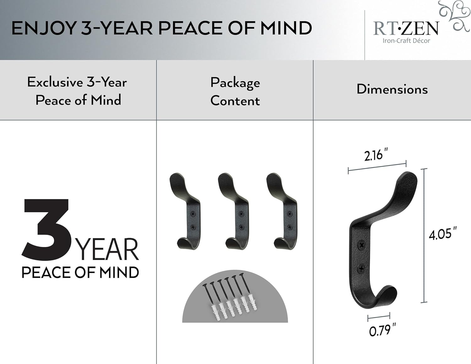 RTZEN Wall Mount Hook Set - Wrought Iron Decorative Rustic Metal Coat Hooks for Hanging - Handcrafted Classic Farmhouse Wall Mounted Black Hooks for Towel Robe or Hat Hanging - 3 Pack