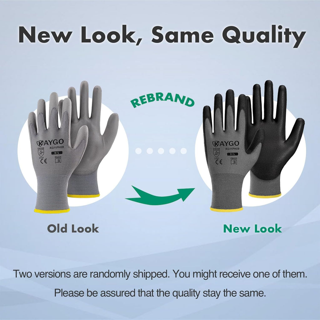 KAYGO Safety Work Gloves PU Coated, 60 Pairs KG11PB, Seamless Knit Glove with Polyurethane Coated Smooth Grip on Palm & Fingers, for Men and Women (X-Large, Gray)