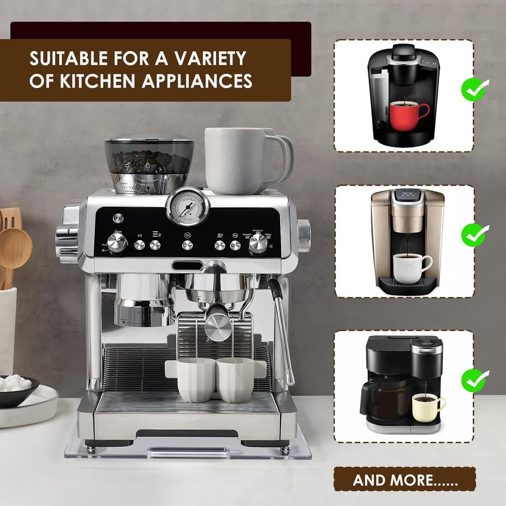 Appliance Sliders for Kitchen appliances Sliding Tray for Coffee Maker, Espresso Machines, Mixers Sturdy Kitchen Aid Sliders for Mixer - Duty Equipment with Rubber Wheels - 13" x 14" (Clear)