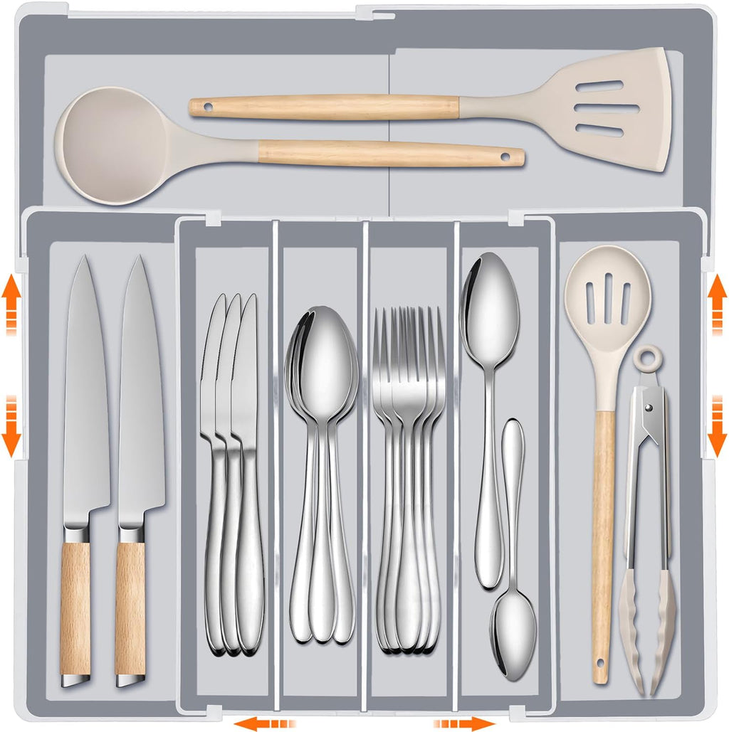 Silverware Organizer for drawer - Adjustable Kitchen Drawer Organizer Utensil Drawer Organizer, Expandable Silverware Tray for Drawer Utensil Organizer for Forks, Knives, Grey
