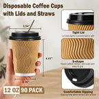 12 oz Coffee Cups-90 Pack Disposable Coffee Cups with Lids and Straws, Insulated Ripple Wall To Go Paper Coffee Cup for Coffee, Hot Chocolate and Hot Tea Drinks - Champagne