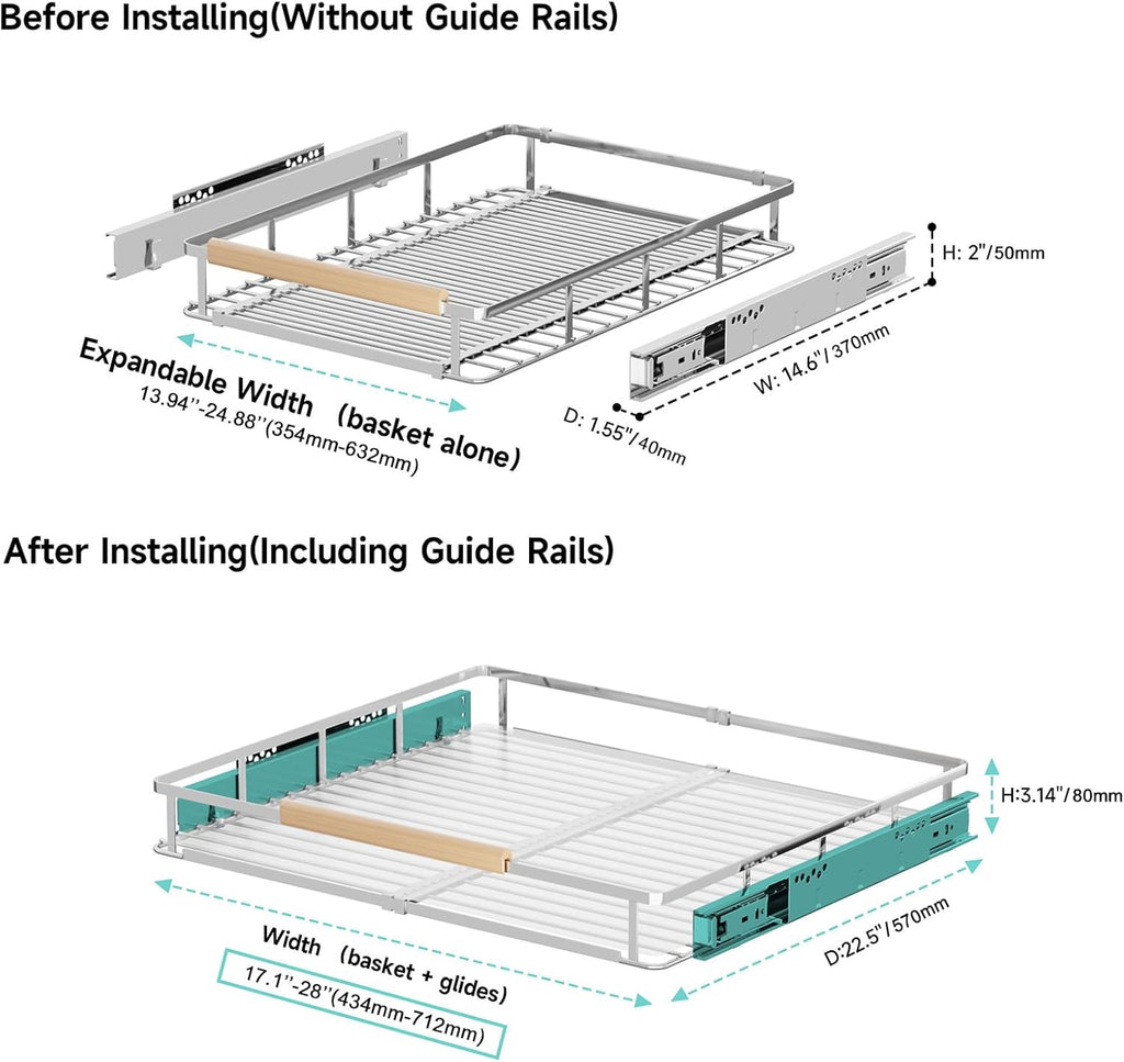Expandable Pull Out Cabinet Organizer, Adjustable Width:17.1~28''W x 22.5''D Under Sink Organizer, Drawer Storage Shelves for Kitchen, Bathroom, Closet, Pantry, Cupboard, Pots, Pans