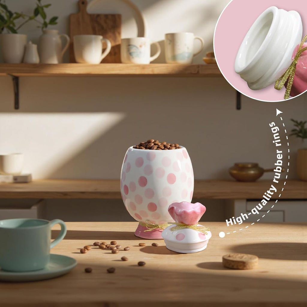 Cute Storage Jars with Airtight Lid, Funny Candy Shape Ceramic Food Container, Cookie Canister for Coffee Bean, Sugar, Tea, Spices, Cereal, Nuts, Dog Treat-700 ml / 23.7 oz(Pink Dots)