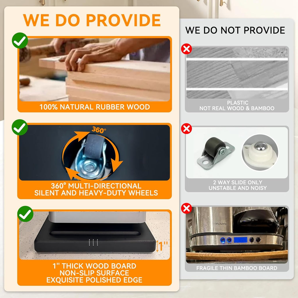 Wood Appliance Sliders with 360' Wheels, Sliding Tray for Coffee Maker & Heavy Kitchen Appliances,Countertop Appliance slider for Kitchen Appliance, Premium Wood Rolling Tray,No Assemble (Deep-Medium)