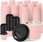 Uiifan 100 Set 4oz Disposable Espresso Cups with Lids Ripple Corrugated Paper Disposable Coffee Insulated Hot Ripple Cups for hot Chocolate, Tea, and Cocoa Drinks(Pink)