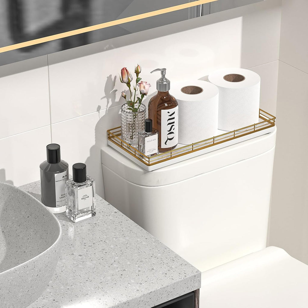 Bathroom Toilet Tank Tray, 13" Wood Toilet Paper Storage Basket Tray Back of Toilet Basket Organizer,Vanity Tray for Perfume Makeup Candle Decor, Gold & White