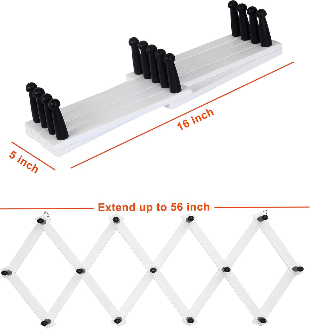 Dseap Accordian Wall Hanger: 16” High Wooden Wall Expandable Coat Rack, Hat Rack Holder, Accordion Hook for Baseball Caps, Coats, Mugs, 13 Peg Hooks, White & Black