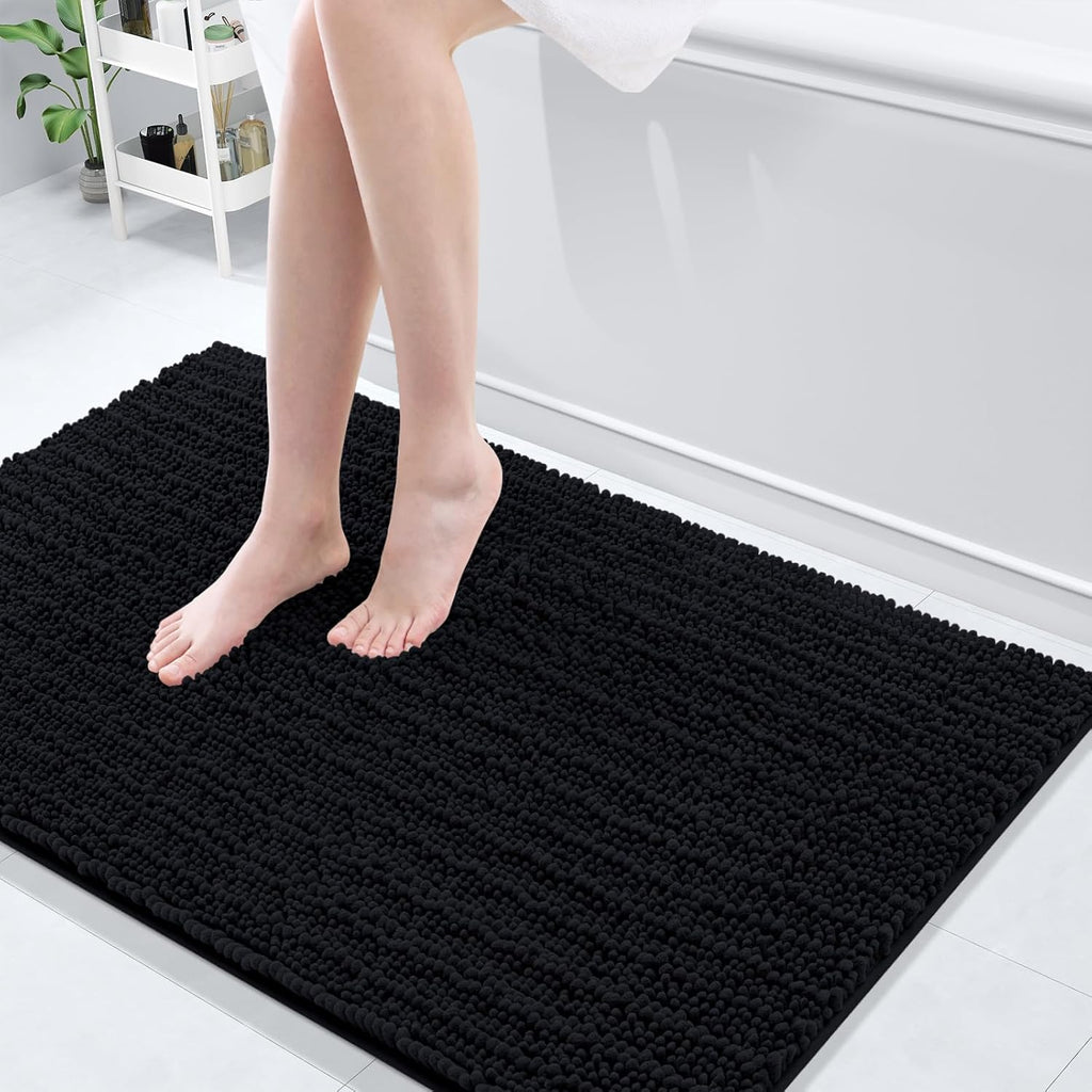 Arotive Luxury Chenille Bathroom Rug Mat, Extra Soft Thick Absorbent Shaggy Bath Rugs, Non-Slip Machine Wash Dry, Plush Bath Mats for Bathroom, Shower and Tub, 45x27, Black