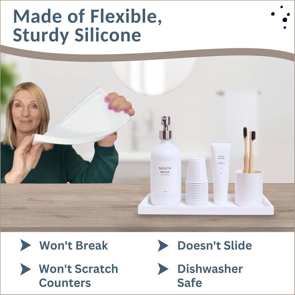 Countertop and Vanity Tray - 11.7" Silicone Bathroom Tray Countertop, Dish Soap Trays for Kitchen Counter, Bathroom Counter Organizer Accessories Caddy, Shower Trays Makeup Mat Oil, White