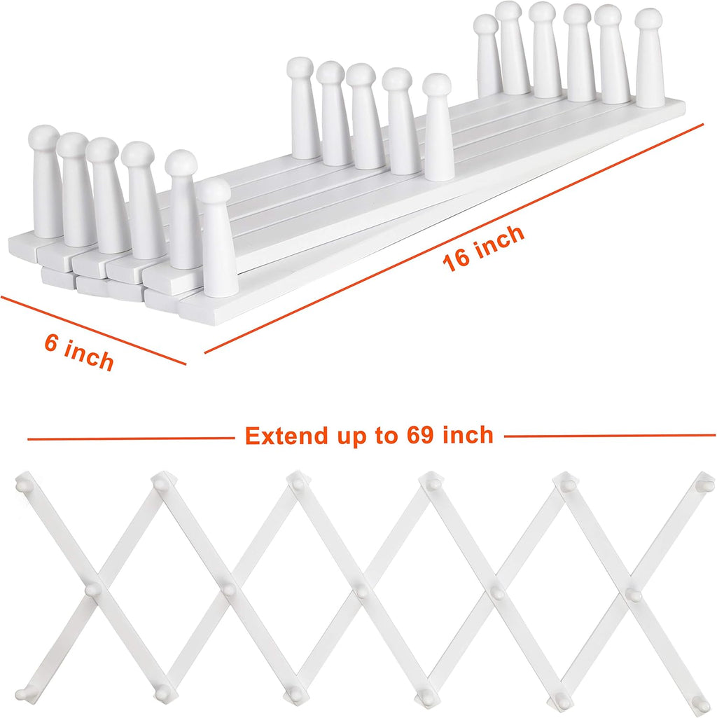 Dseap Accordian Wall Hanger: 16” High Wooden Wall Expandable Coat Rack, Hat Rack Holder, Accordion Hook for Baseball Caps, Coats, Mugs, 17 Peg Hooks, White