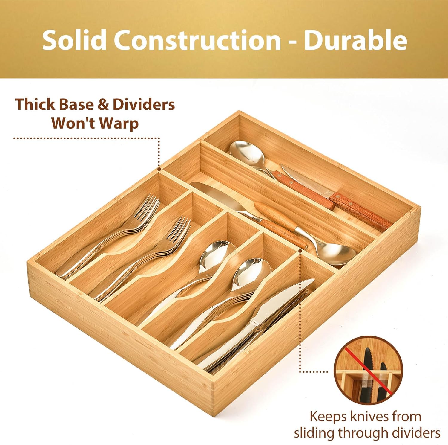 Umilife Kitchen Drawer Organizer, 12.5 Inch Silverware Utensil Tray Holder, Extra Deep, with Non-Slip Feet & Grooved Drawer Divider, 7 Slots Total Bamboo Wood Caddy for Flatware Cutlery Knives