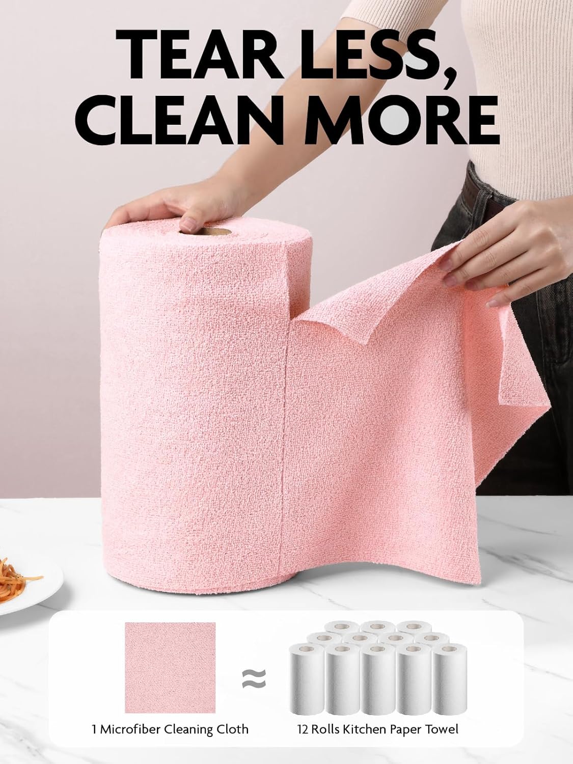 Fantasticlean Microfiber Cleaning Cloth Roll -150 Pack, Tear Away Microfiber Towels, 12" x 12", Reusable, Washable, Ultra Absorbent Dishcloth for Home Supplies, Car, Pet, Kitchen (2 Rolls of Pink)
