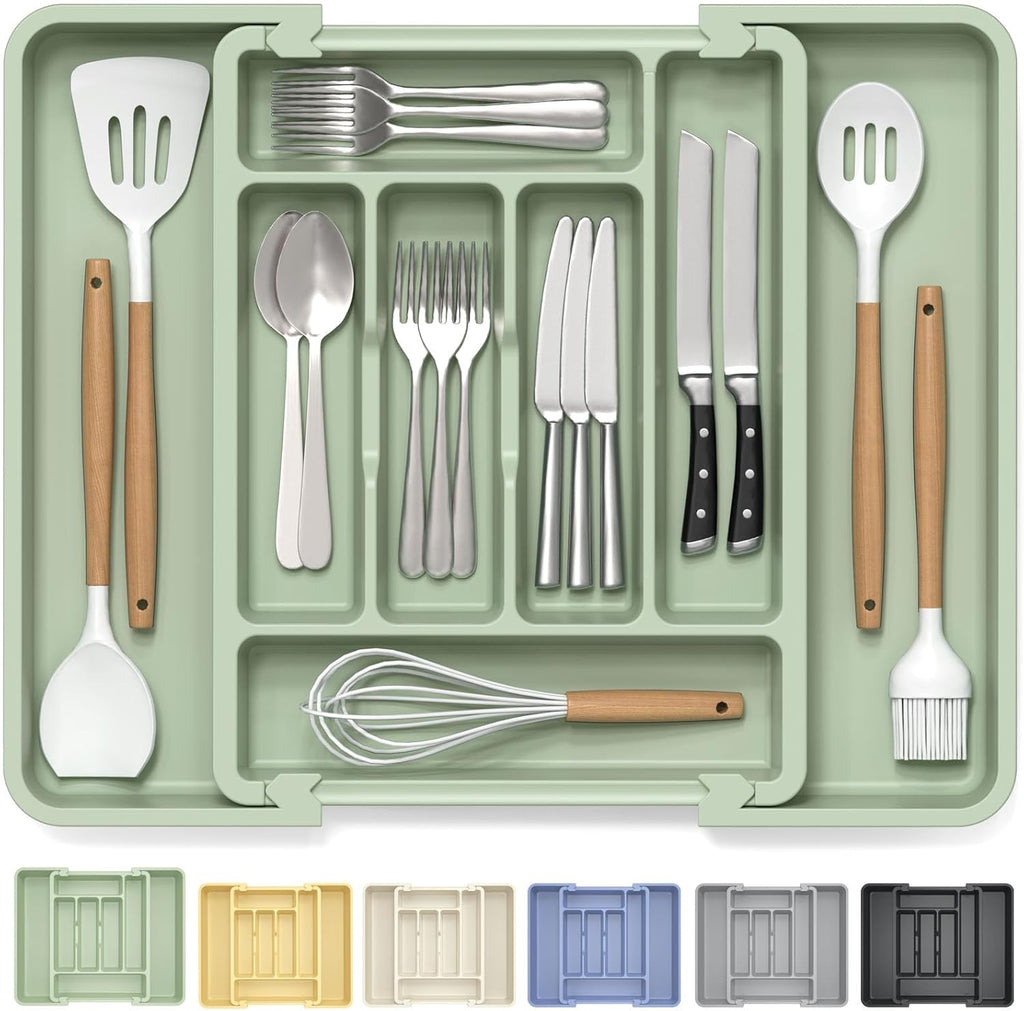 Caperci Large Silverware Organizer for Kitchen Drawer & Utensils - Expandable Drawer Organizer for Cutlery, Flatware & Gadget, BPA-Free Thick Plastic, Wider Compartments & Non-skid Feet (Sage Green)