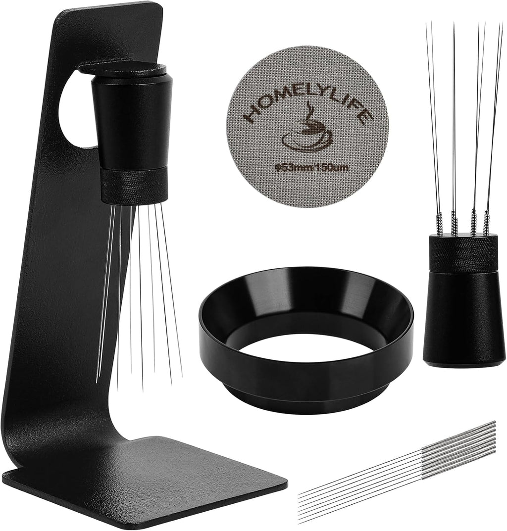 WDT Tools Espresso Puck Screen, 53mm Espresso Accessories Kit - 150μm Puck Screen Set, 0.25mm 316 Stainless Steel 8 Needles Coffee Distribution Stirrer, Portafilter Dosing Ring for Barista Black