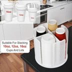 Rotating Cup Dispenser, Coffee Cup Holder with 4 Compartments, Disposable Paper Cup Organizer Fits 5 to 16 oz Cups for Kitchen Cabinets, Detachable Plastic Cup Stand & Lid Holder, White
