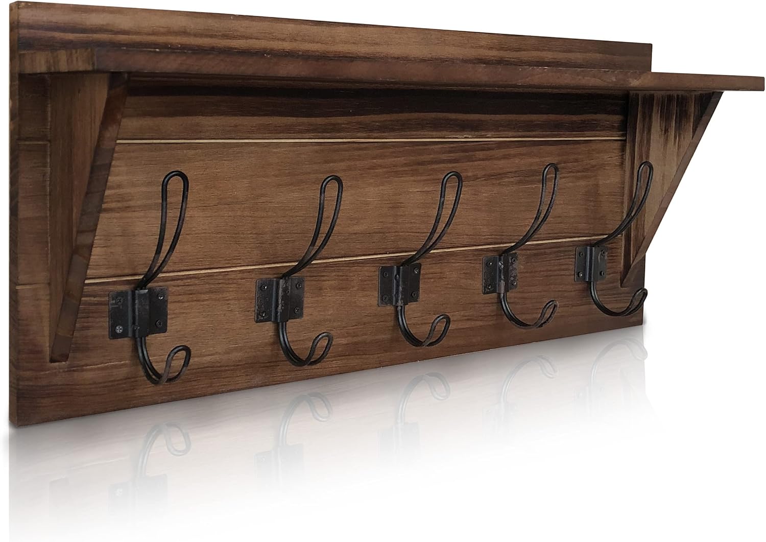HBCY Creations Rustic Brown Solid Wood Wall Mounted Coat Rack with Shelf, 5 Hooks, 24" Long - Kitchen, Mudroom, Entryway, Bathroom - Includes Mounting Hardware, Coat Hanger, Dog Leash Hooks