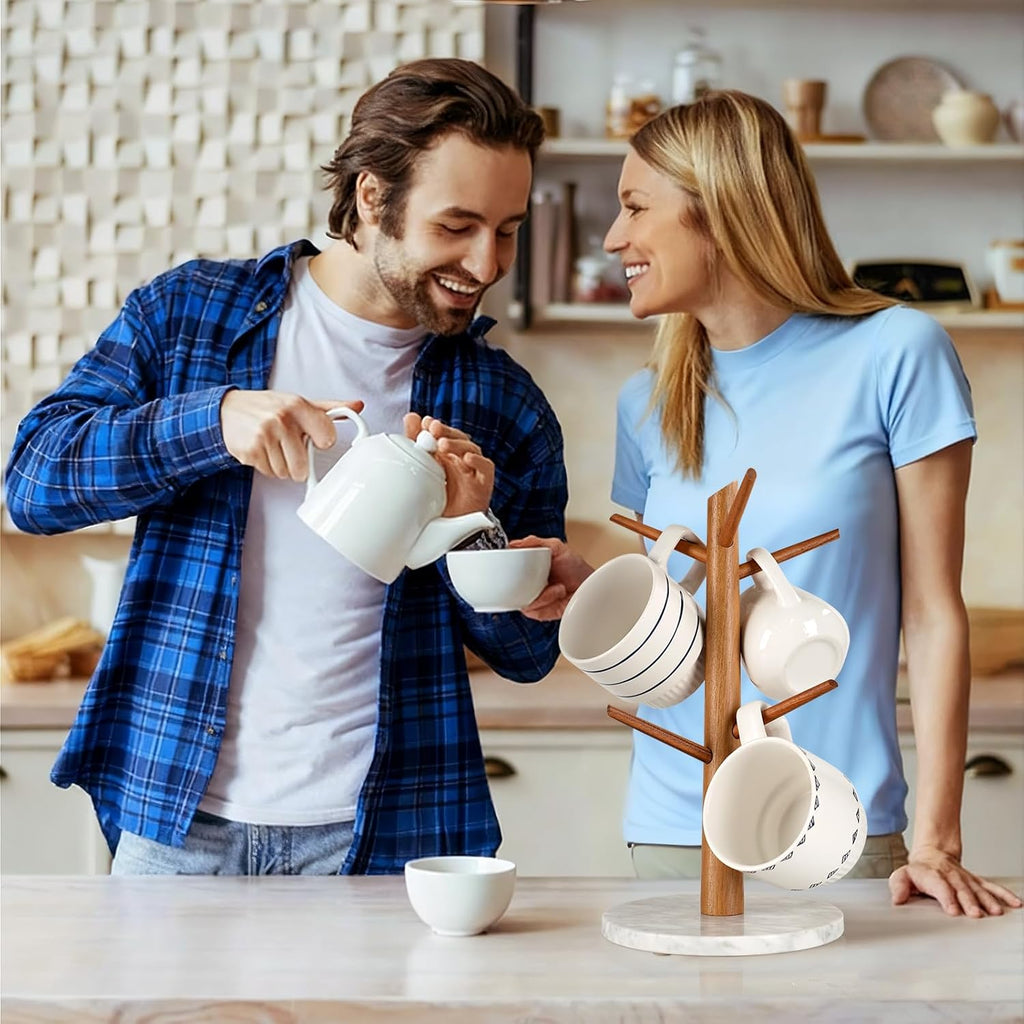 Acacia Wood Mug Tree, Marble Base Coffee Mug Tree for Counter, Mug Holder Tree with 6 Hooks for Kitchen Coffee Bar Mug Organize
