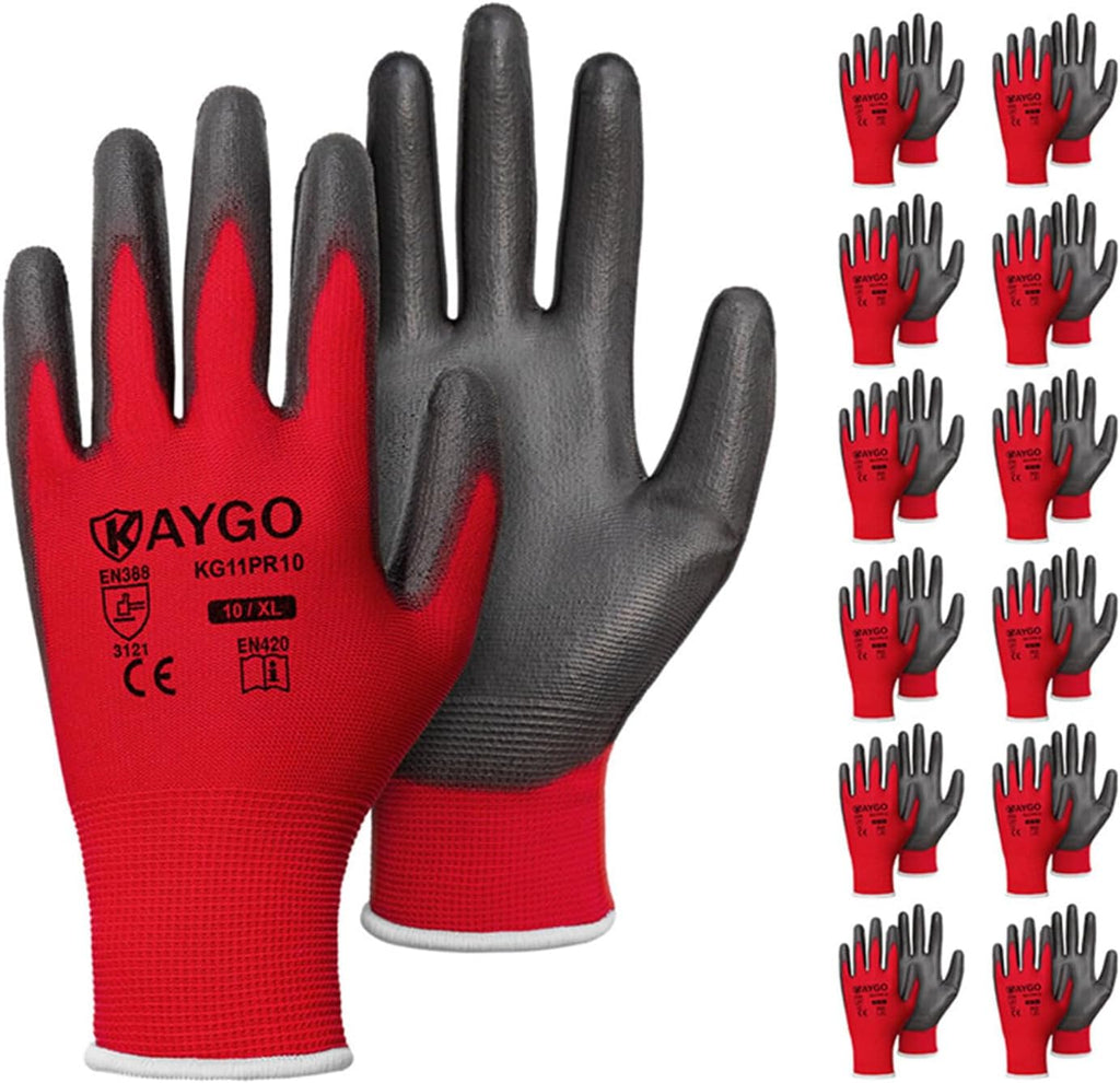 KAYGO Safety Work Gloves PU Coated for Men and Women, 12 Pairs KG11P Seamless Knit Glove with Polyurethane Coated Smooth Grip on Palm and Fingers, Ideal for General Duty Work (XL, Red)