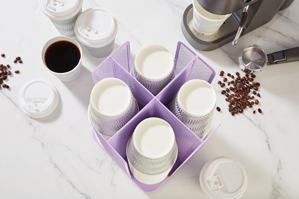 Annova Paper/Plastic Cup and Lid Holder Plastic Storage Organizer, 360°Rotating Coffee Mup Dispenser with 4 Compartments, Multifunctional Storage Rack for Home, Office, Bar, Coffee Shop (Lilac)