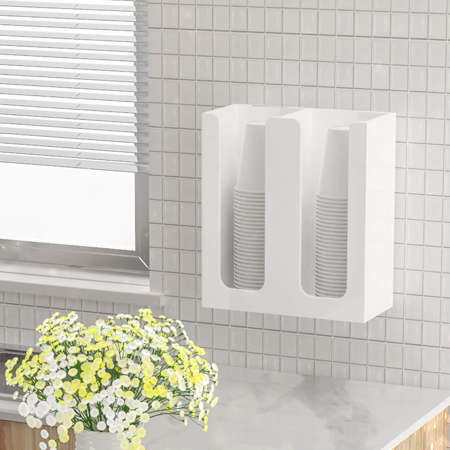 Richboom Acrylic Coffee Cup and Lid Storage Organizer Holder, 2 Compartments, White