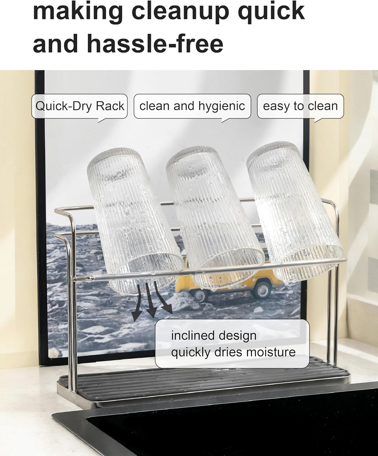 Stainless Steel Cup & Water Bottle Drying Rack with Removable Drip Tray, 2-Tier Space-Saving Mug Holder for Kitchen Countertop, Durable Rust-Resistant Cup Organizer for Coffee Mugs, Glasses, Tumblers