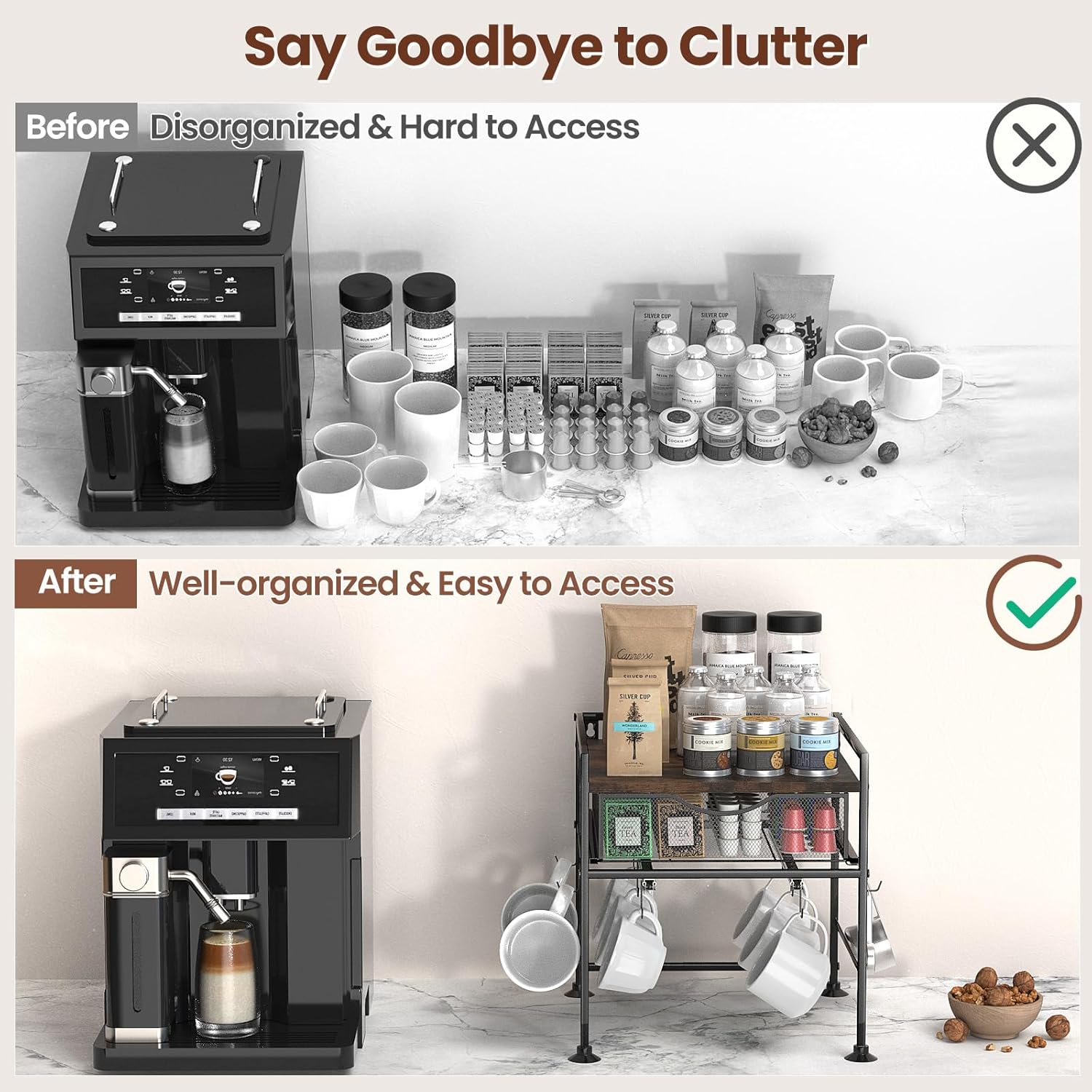 Coffee Bar Organizer Countertop, 2 Tier Mug Cup Holder Stand with 10 Hooks, 60 K Cup Coffee Pod Drawer with Mug Rack, Multifunctional Shelf Organizer for Kitchen, Vintage Brown