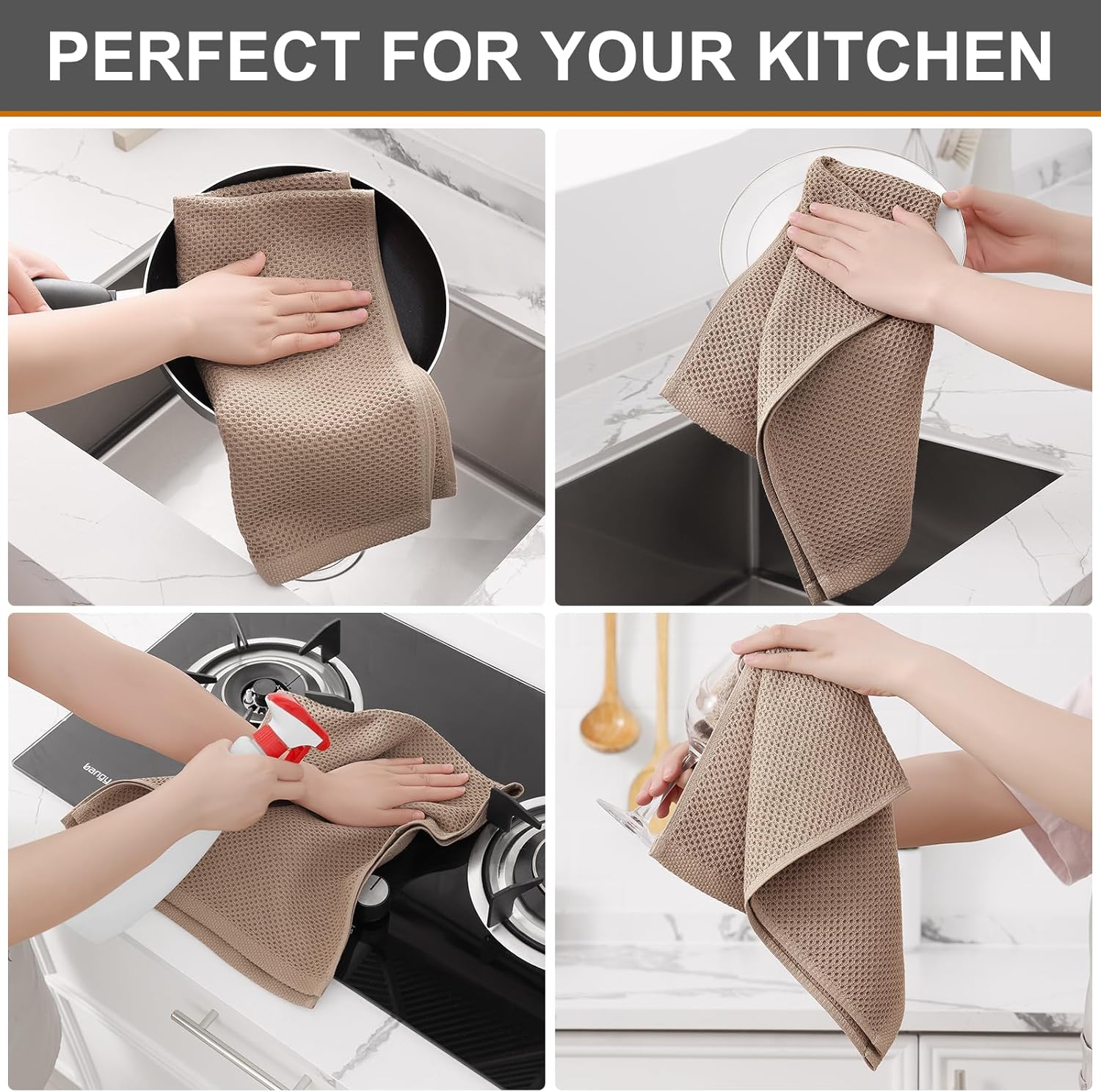 Kitinjoy 100% Cotton Waffle Weave Kitchen Towels, 6-Pack Super Soft and Absorbent Dish Towels for Drying Dishes, Kitchen Hand Towels, 13 in x 28 in, Tan