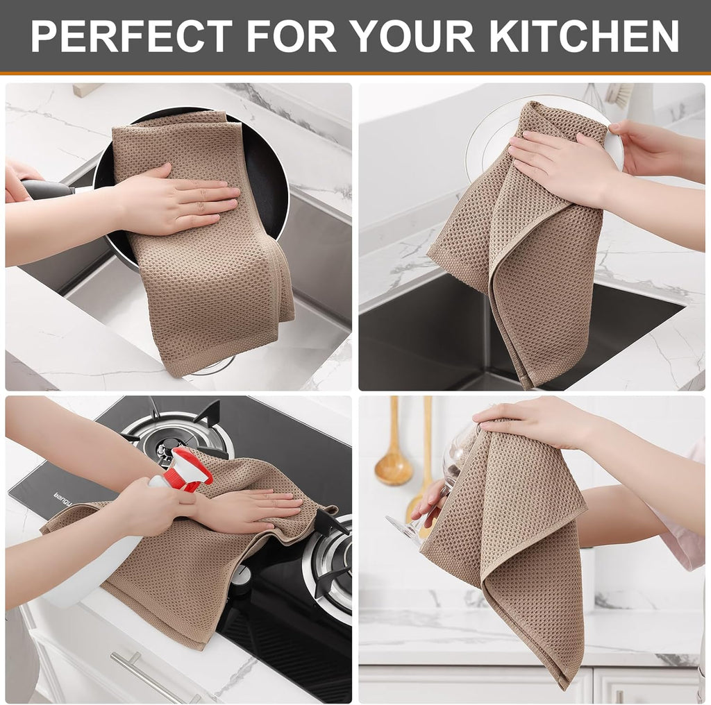 Kitinjoy 100% Cotton Waffle Weave Kitchen Towels, 8-Pack Super Soft and Absorbent Dish Towels for Drying Dishes, Kitchen Hand Towels, 13 in x 28 in, Tan