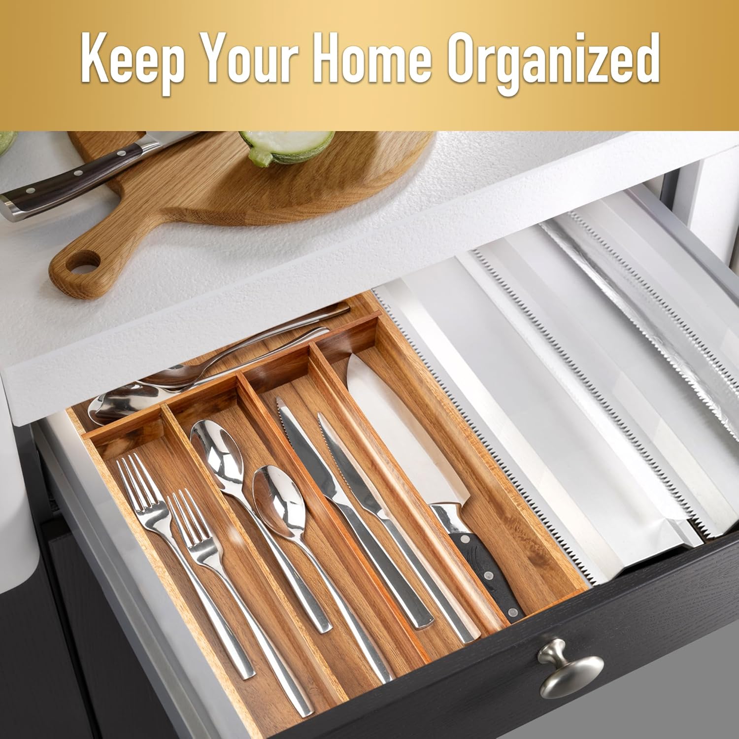 Silverware Organizer Kitchen Drawer Organizer Utensil Organizer Acacia Silverware Holder Cutlery Organizer in Drawer Flatware Organizer Tray(5 slots, Acacia