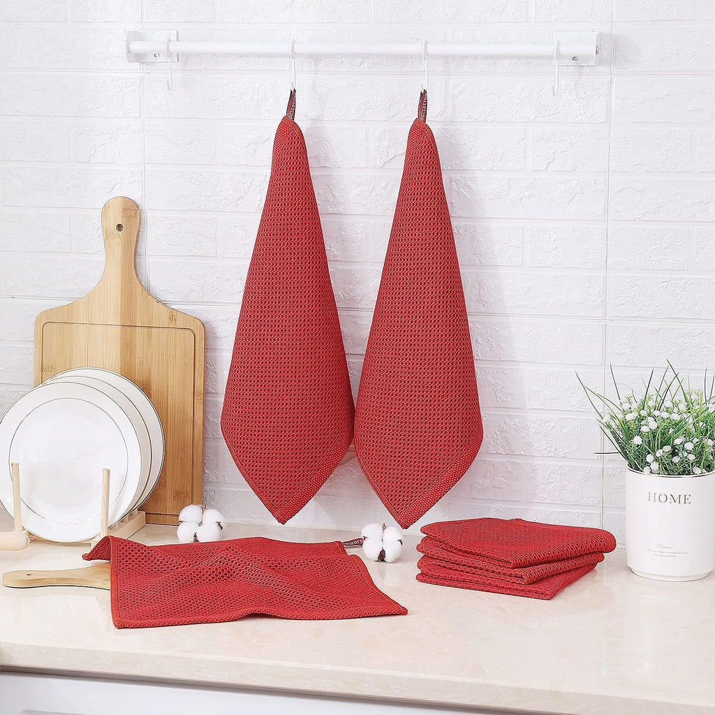 Kitinjoy 100% Cotton Kitchen Dish Cloths, 12 Pack Waffle Weave Ultra Soft Absorbent Dish Towels for Drying Dishes Quick Drying Kitchen Towels Dish Rags, 12 X 12Inch, Brick Red