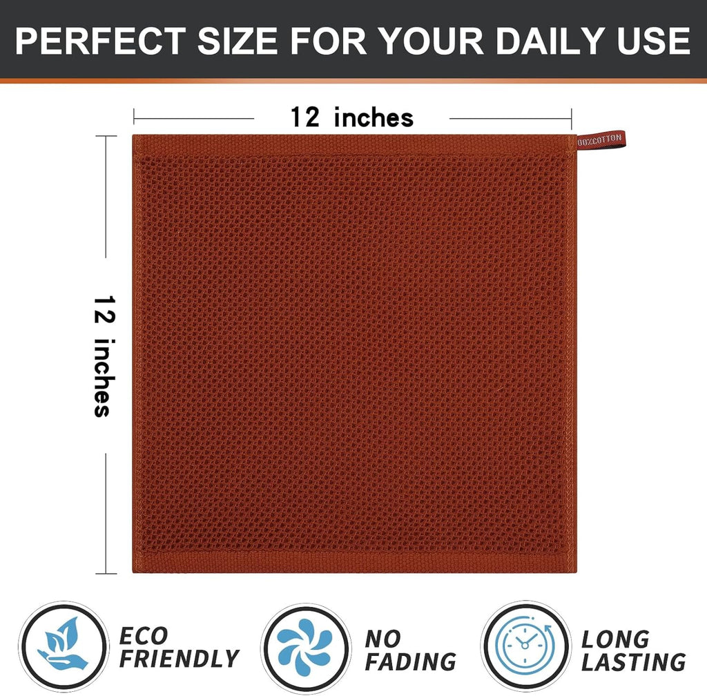 Kitinjoy 100% Cotton Kitchen Dish Cloths, 12 Pack Waffle Weave Ultra Soft Absorbent Dish Towels for Drying Dishes Quick Drying Kitchen Towels Dish Rags, 12 X 12Inch, Rust