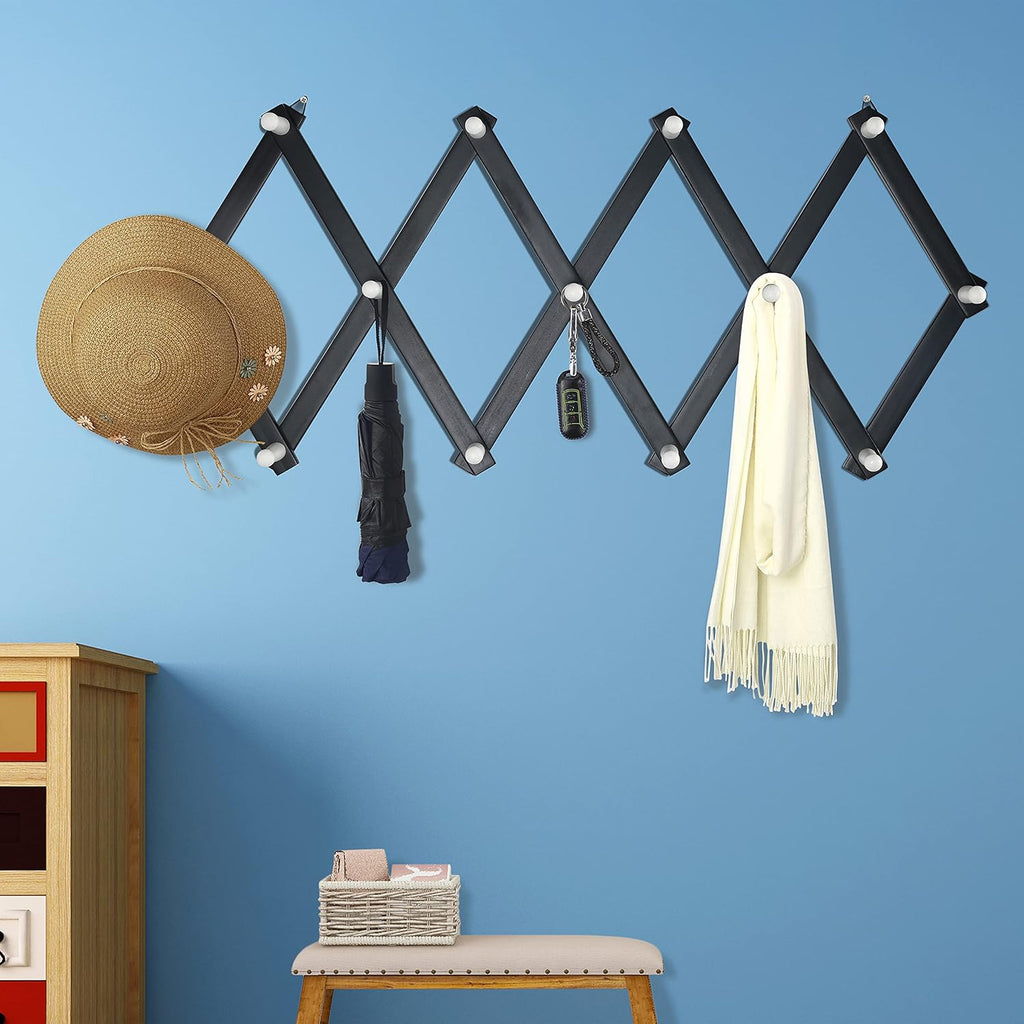 Dseap Accordian Wall Hanger: 16” High Wooden Wall Expandable Coat Rack, Hat Rack Holder, Accordion Hook for Baseball Caps, Coats, Mugs, 13 Peg Hooks, Black & White