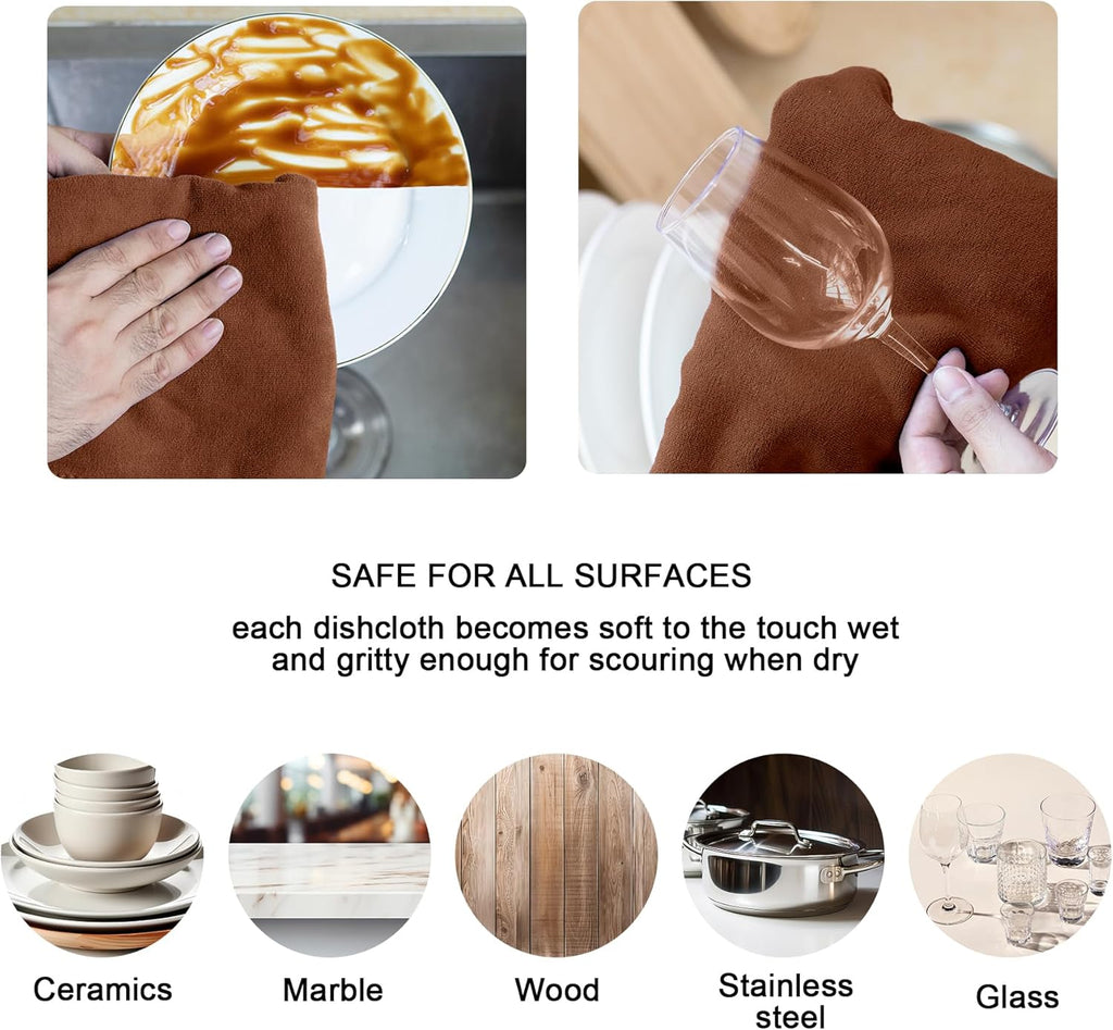 kimteny 13x28 Inches Kitchen Cloth Dish Towels, 400 GSM Premium Dishcloths, Super Absorbent Coral Velvet Microfiber Cleaning Cloths, Fast Drying Rags for Washing Dishes (12 Pack, Brown)