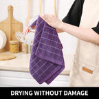Homaxy 100% Cotton Terry Kitchen Towels(Purple, 13 x 28 inches), Checkered Designed, Soft and Super Absorbent Dish Towels, 4 Pack