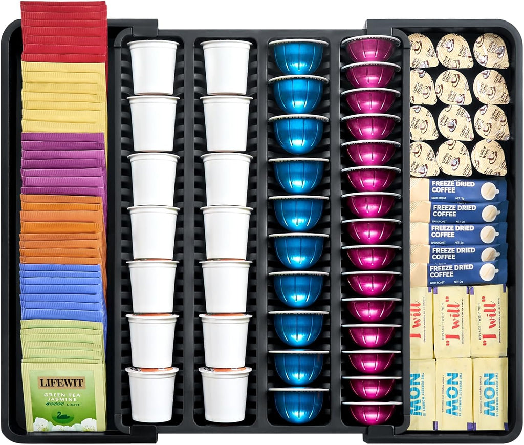Lifewit Coffee Pod Holder Drawer Organizer, Expandable Coffee Pods Storage Drawers Insert for Tea Bags, Bar Organizer Compatible with K Cup, Nespresso OriginalLine, VertuoLine Capsules Black