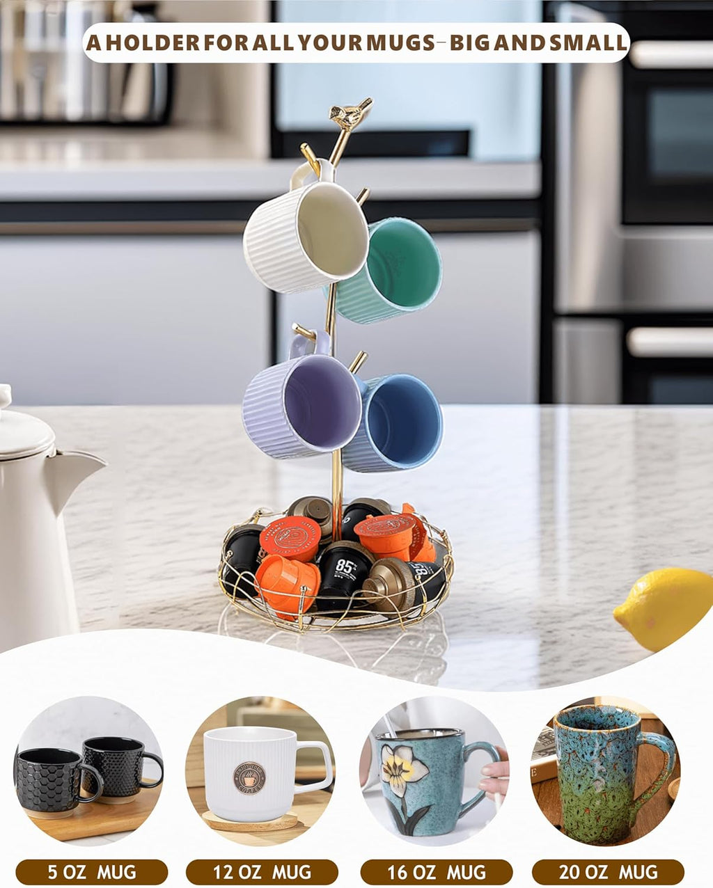 Gold Mug Holder & Mug Tree for Countertop, Decorative Bird Mug Rack for Counter Large Mugs with Nest Storage Basket, Coffee Cup Stand for Coffee Bar Accessories & Jewelry