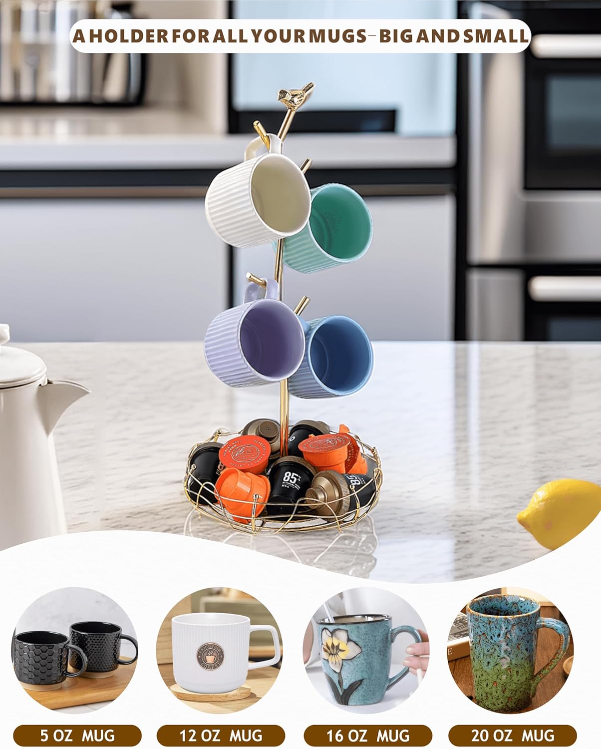 Gold Mug Holder & Mug Tree for Countertop, Decorative Bird Mug Rack for Counter Large Mugs with Nest Storage Basket, Coffee Cup Stand for Coffee Bar Accessories & Jewelry