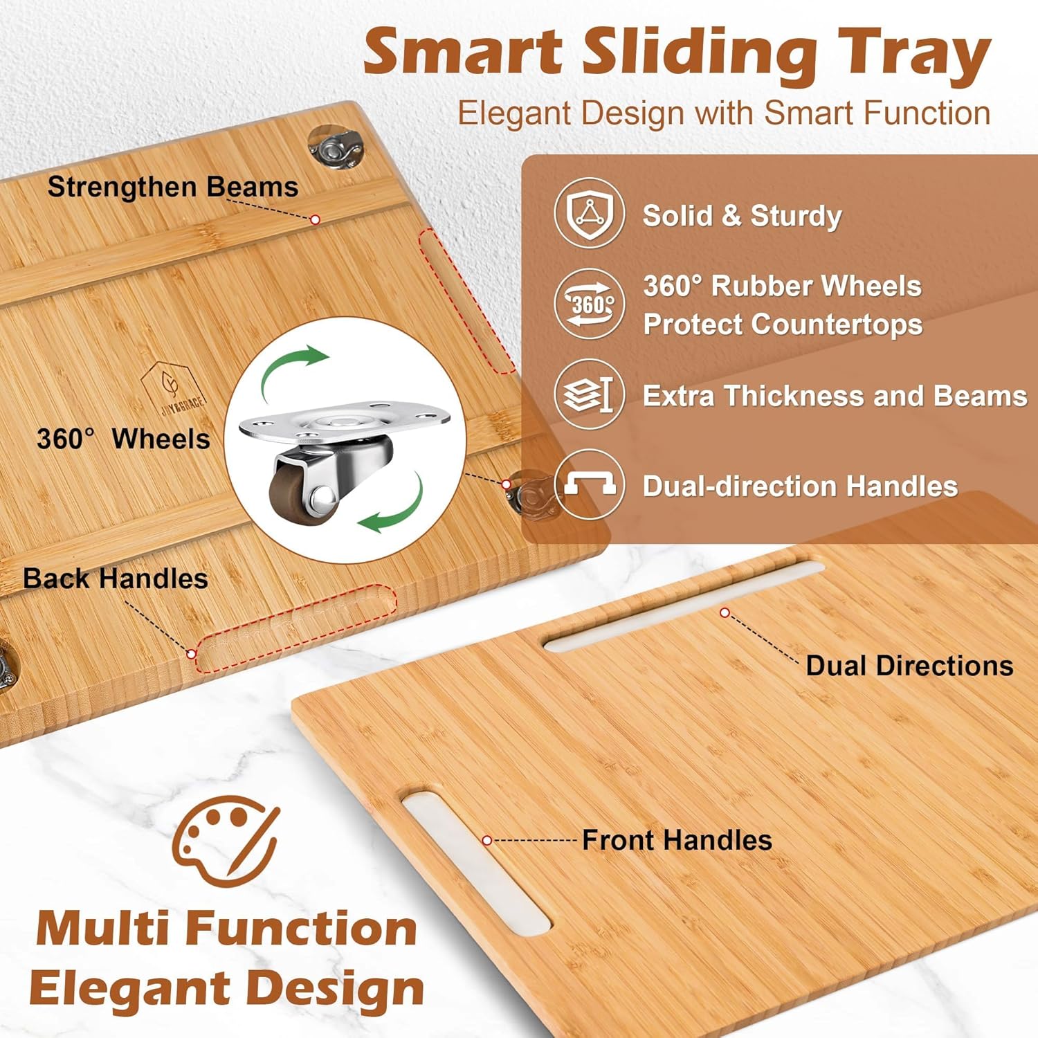 Joy&Grace Appliance Slider for Kitchen Appliances 360° Rolling Sliding Tray for Coffee Maker Countertop, Bamboo Coffee Pot Slider Rolling Tray (Natural, Medium 14.5" x 10")