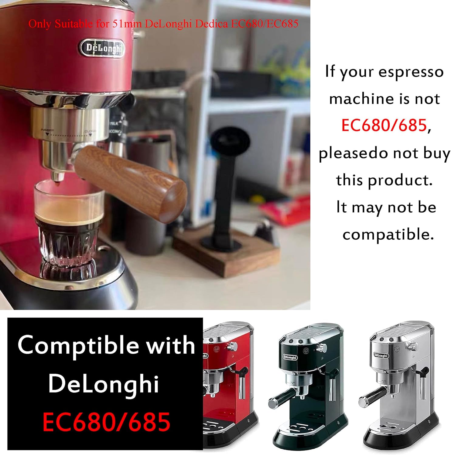 MIAO JIN 51mm Bottomless Portafilter 3 ears Coffee Naked Espresso Portafilter Compatible with DeLonghi Dedica EC680/EC685 With 1 Cup Filter Basket