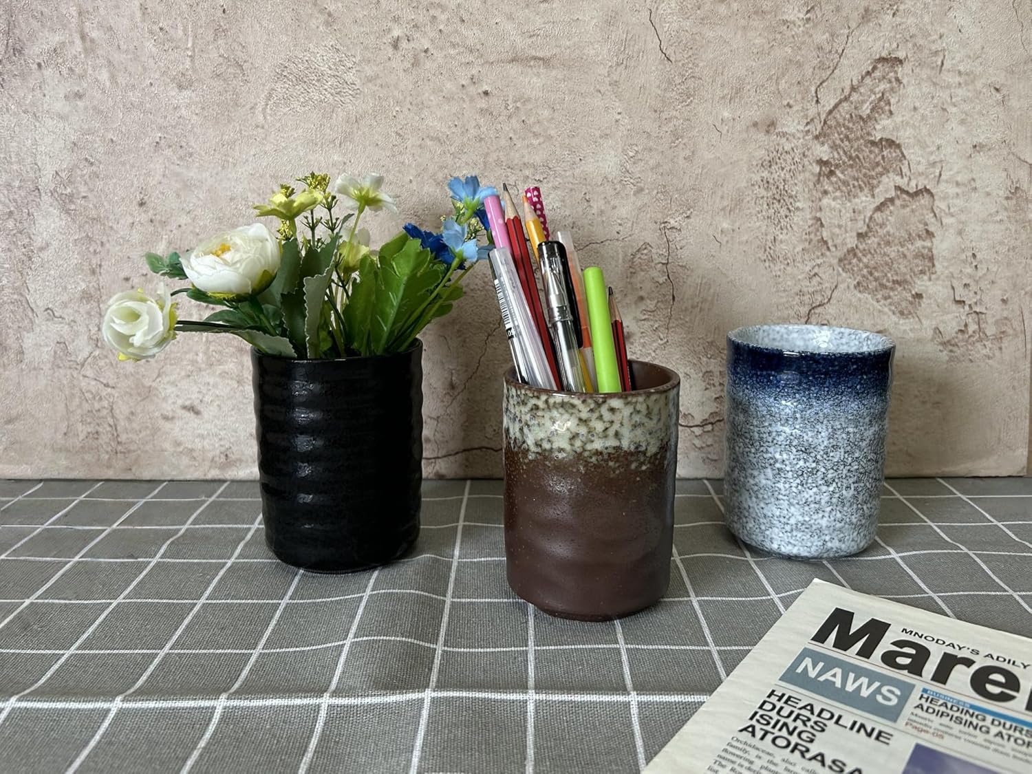 Stoneware Coffee Bar Utensil Holder Tea & Coffee Spoon & Stirrer Holder for Stir Stick Straw Teaspoon Holder Spoon Cup Small Utensil Jar (Retro Rustic Brown)